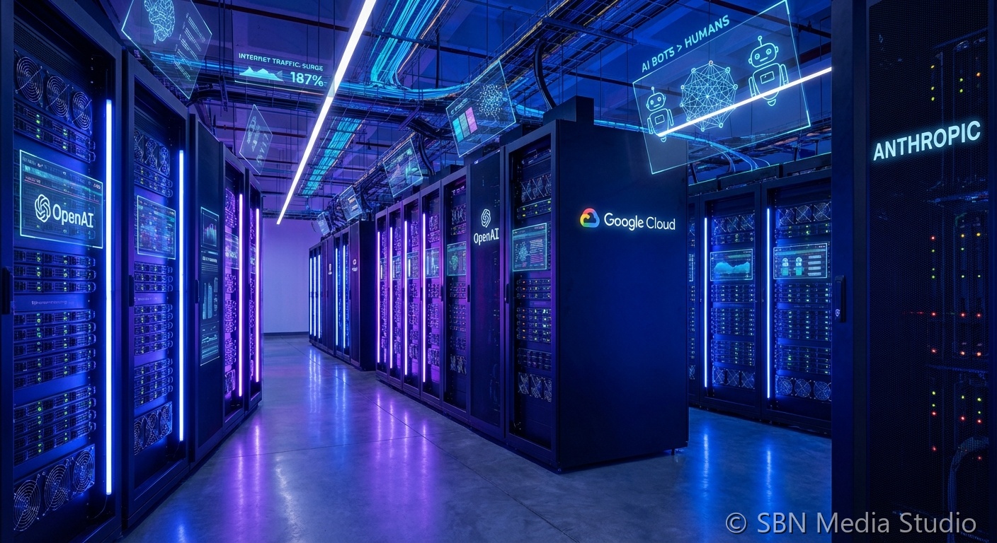 Data visualization of AI bot traffic versus human web traffic showing the 187 percent surge in automated AI activity online