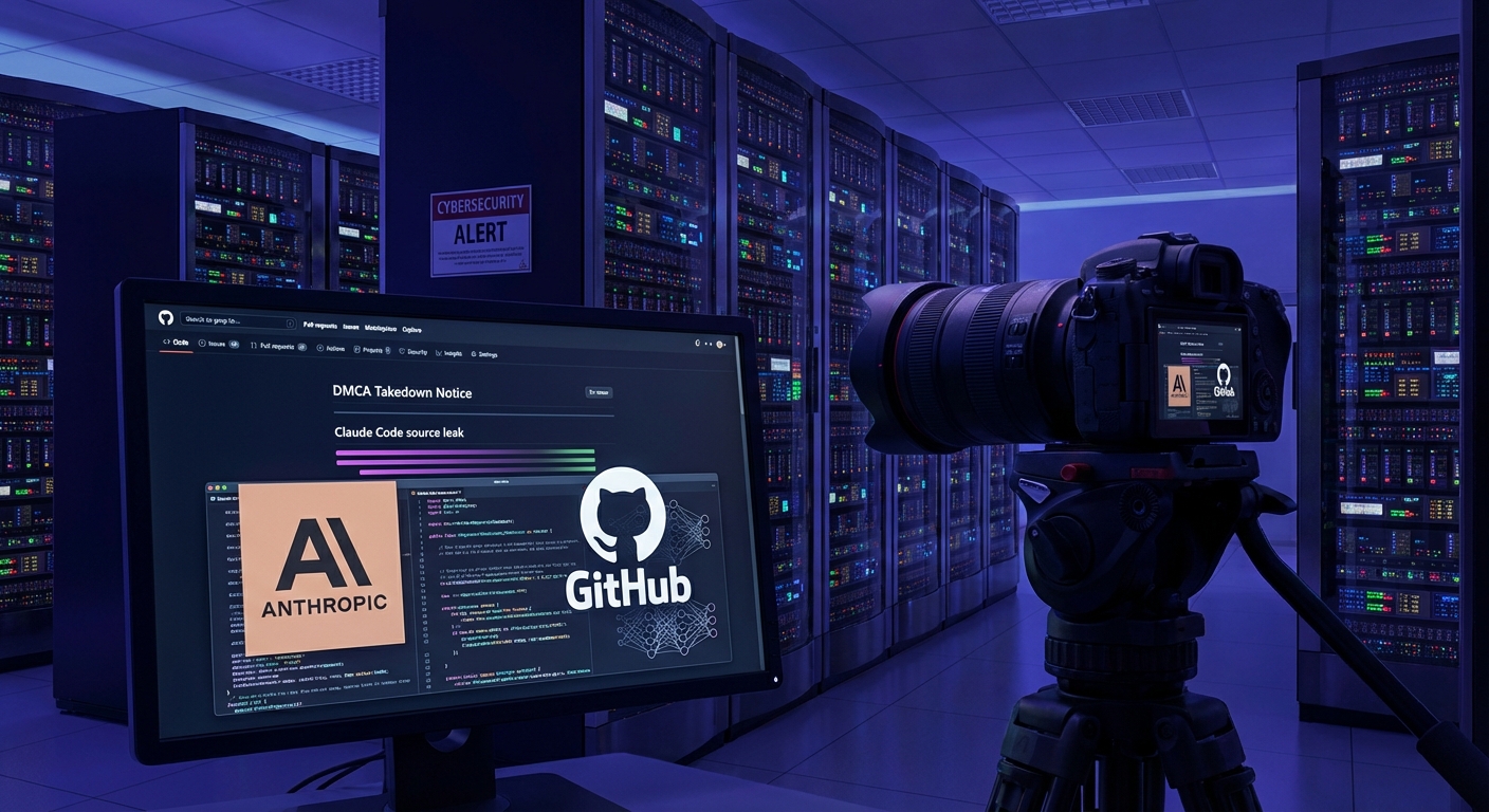 Digital visualization of source code leak with GitHub logo and DMCA notice overlay representing Anthropic's Claude Code security incident