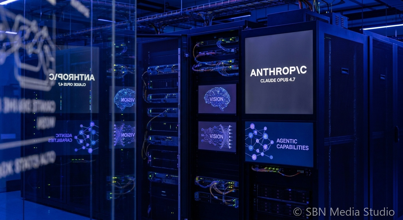 Anthropic Claude Opus 4.7 AI model abstract visualization showing high resolution vision capability and agentic task processing nodes