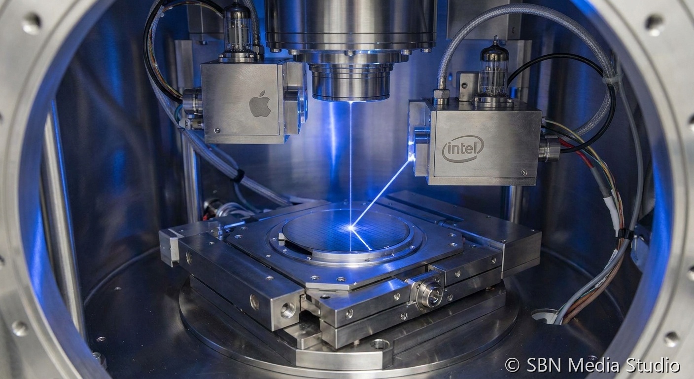 Apple silicon chip beside an Intel foundry wafer with a U.S. flag and Arizona fab silhouette representing the May 8 2026 preliminary manufacturing agreement that pulls Apple’s supply chain away from TSMC exclusivity