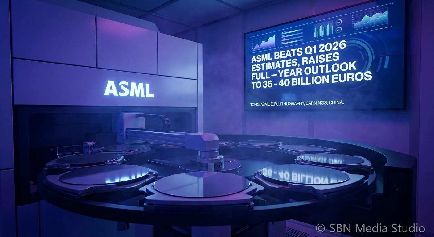 ASML EUV lithography machine in Netherlands fab with financial chart overlay showing raised 2026 guidance of 36 to 40 billion euros amid China export restrictions