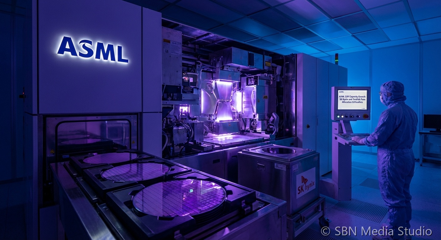 ASML EUV lithography machine in cleanroom with allocation shortage graphic showing SK Hynix and TeraFab competing for scarce High-NA EUV tools