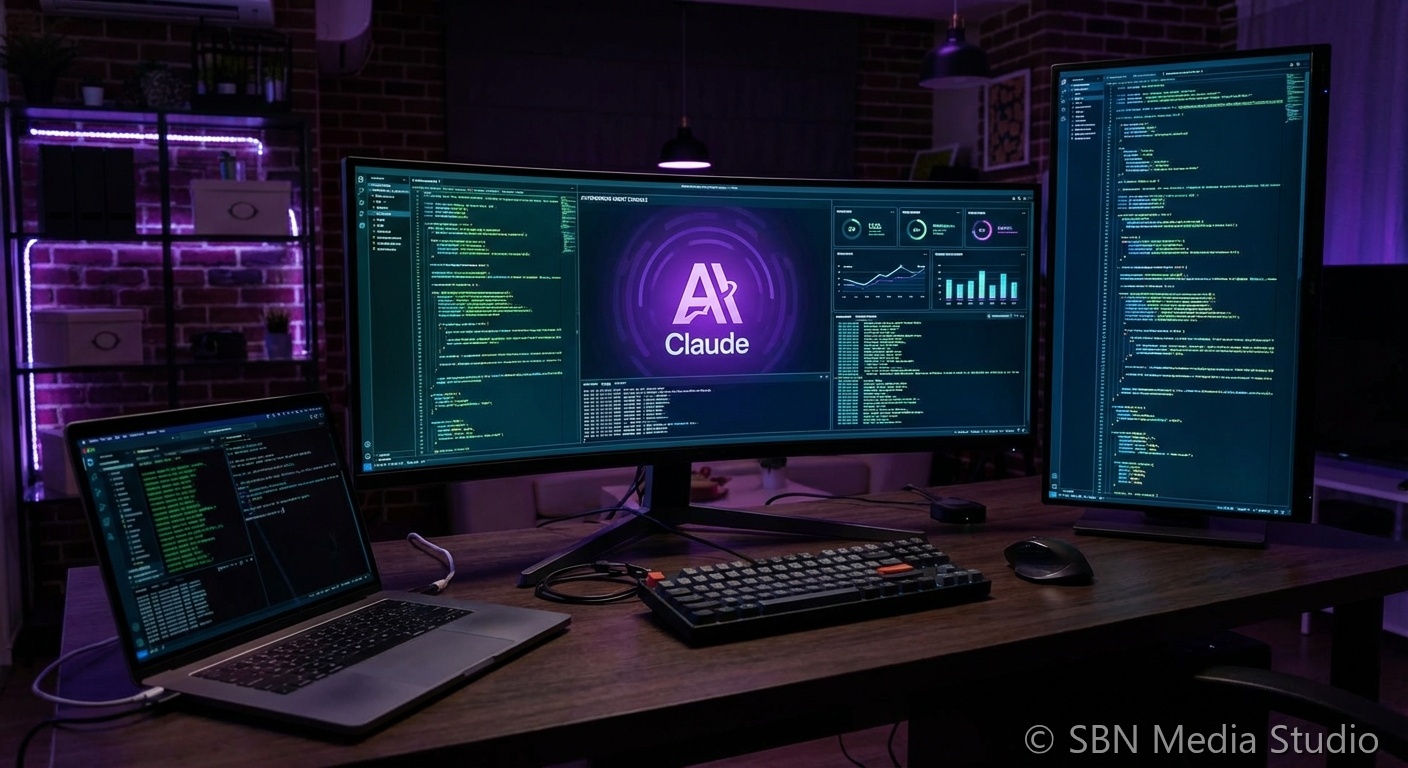 Photorealistic dark workspace with multiple monitors displaying code and AI agent interfaces, representing Claude Code Auto Mode