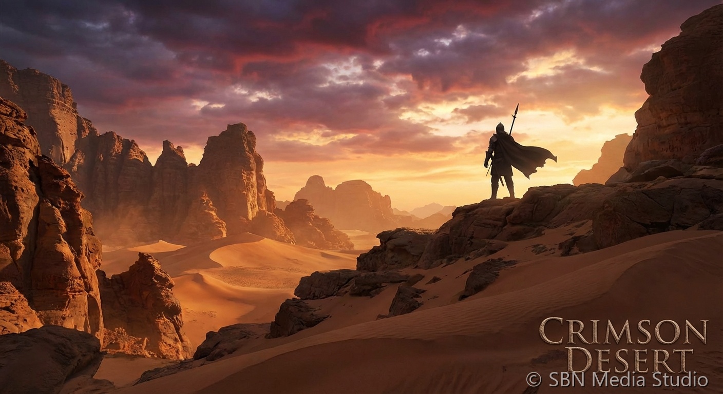 Dramatic desert landscape at sunset evoking Crimson Desert's setting