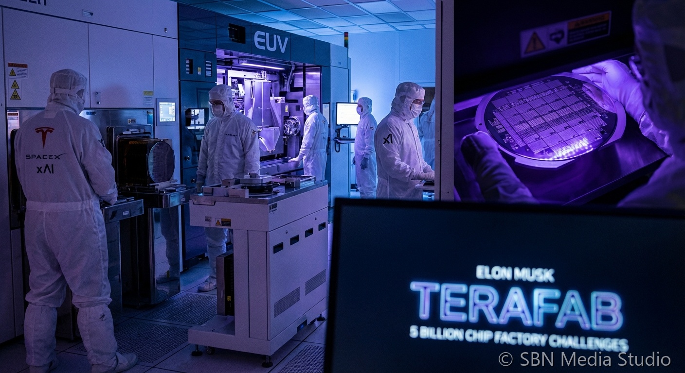 Massive semiconductor fabrication facility concept representing Elon Musk Terafab project