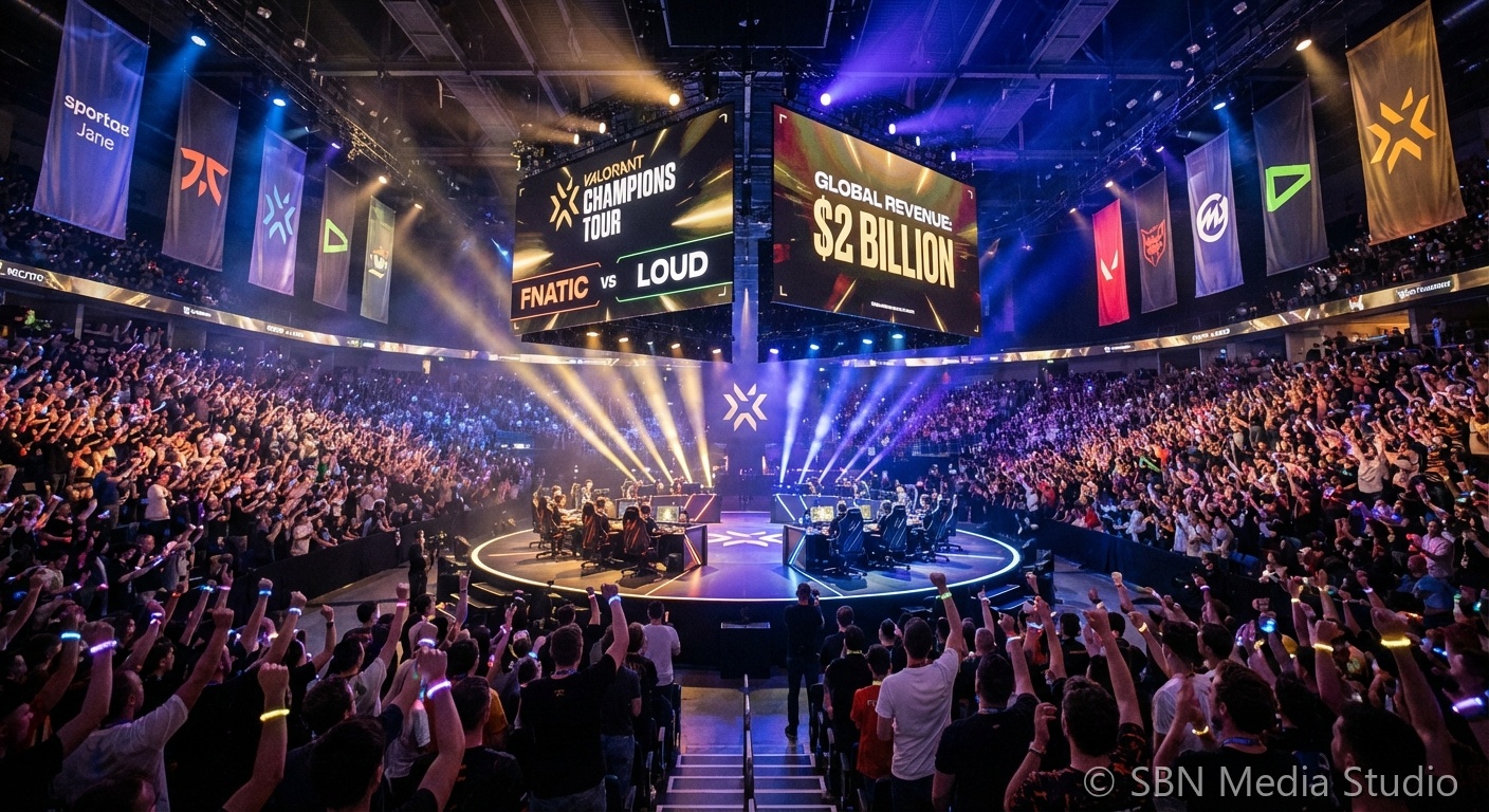 Esports arena with vibrant stage lighting representing the global esports revenue milestone