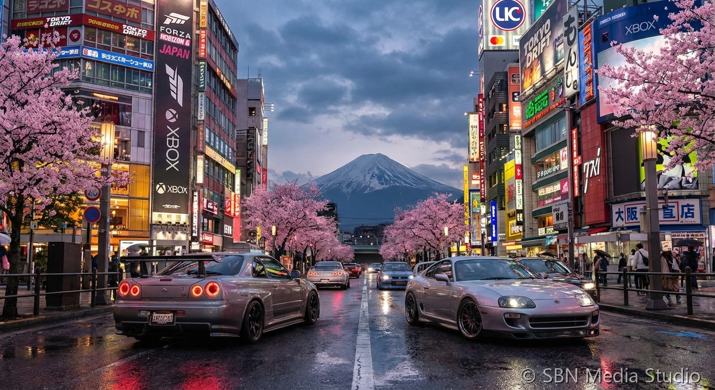 Japanese street scene with cars representing Forza Horizon 6 Japan setting
