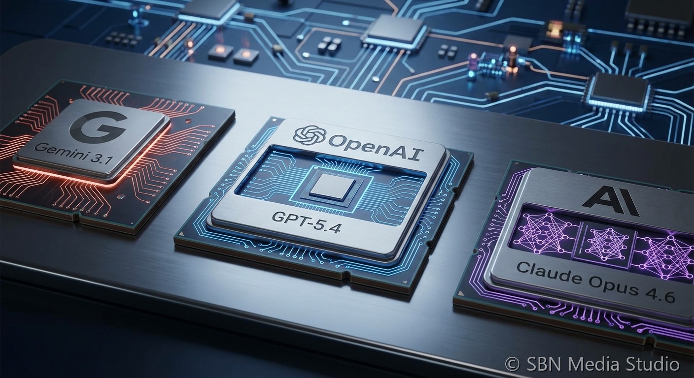 Abstract AI neural network visualization representing frontier model competition