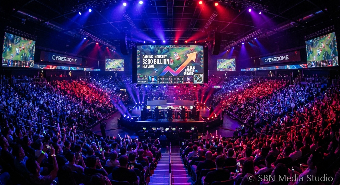 Esports arena with dramatic stage lighting representing the gaming industry's growth