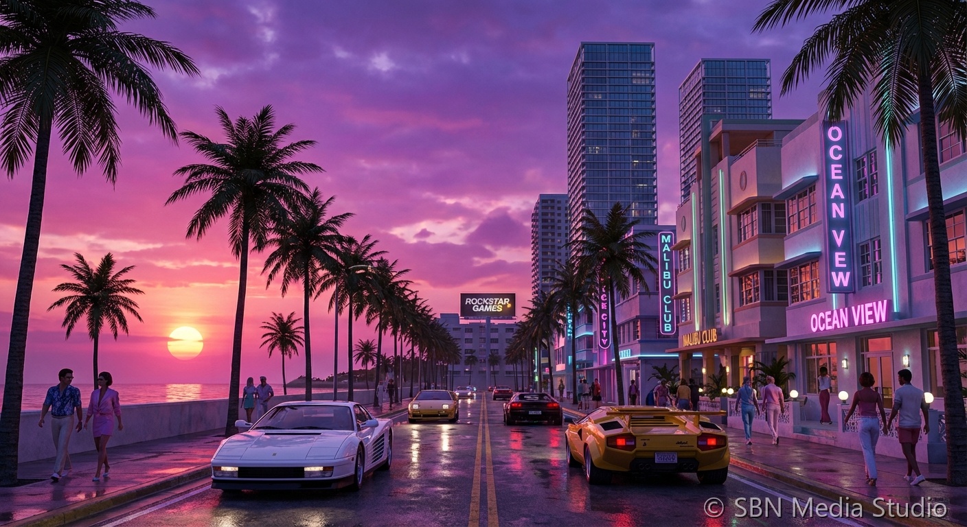 Neon-lit cityscape evoking the Vice City aesthetic of GTA 6