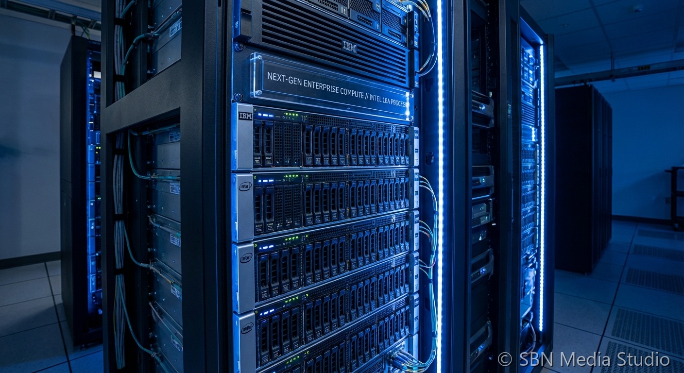 Data center server racks representing IBM enterprise chip manufacturing