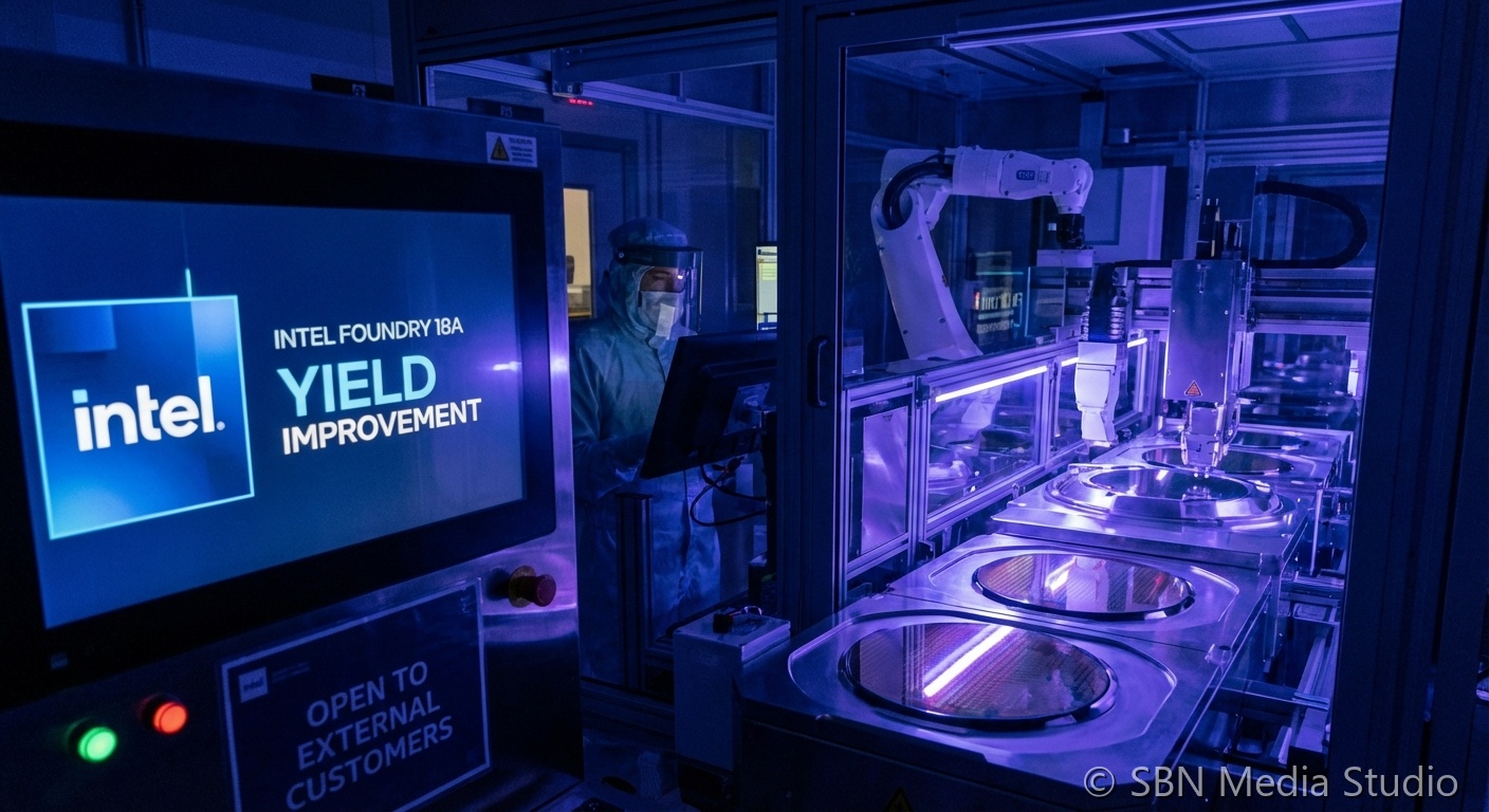 Intel semiconductor fabrication facility showing 18A process node wafers and cleanroom manufacturing environment