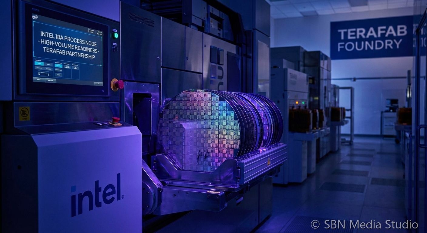 Intel 18A semiconductor wafer with RibbonFET transistor diagram and Terafab Austin Texas campus representing Intel foundry revival