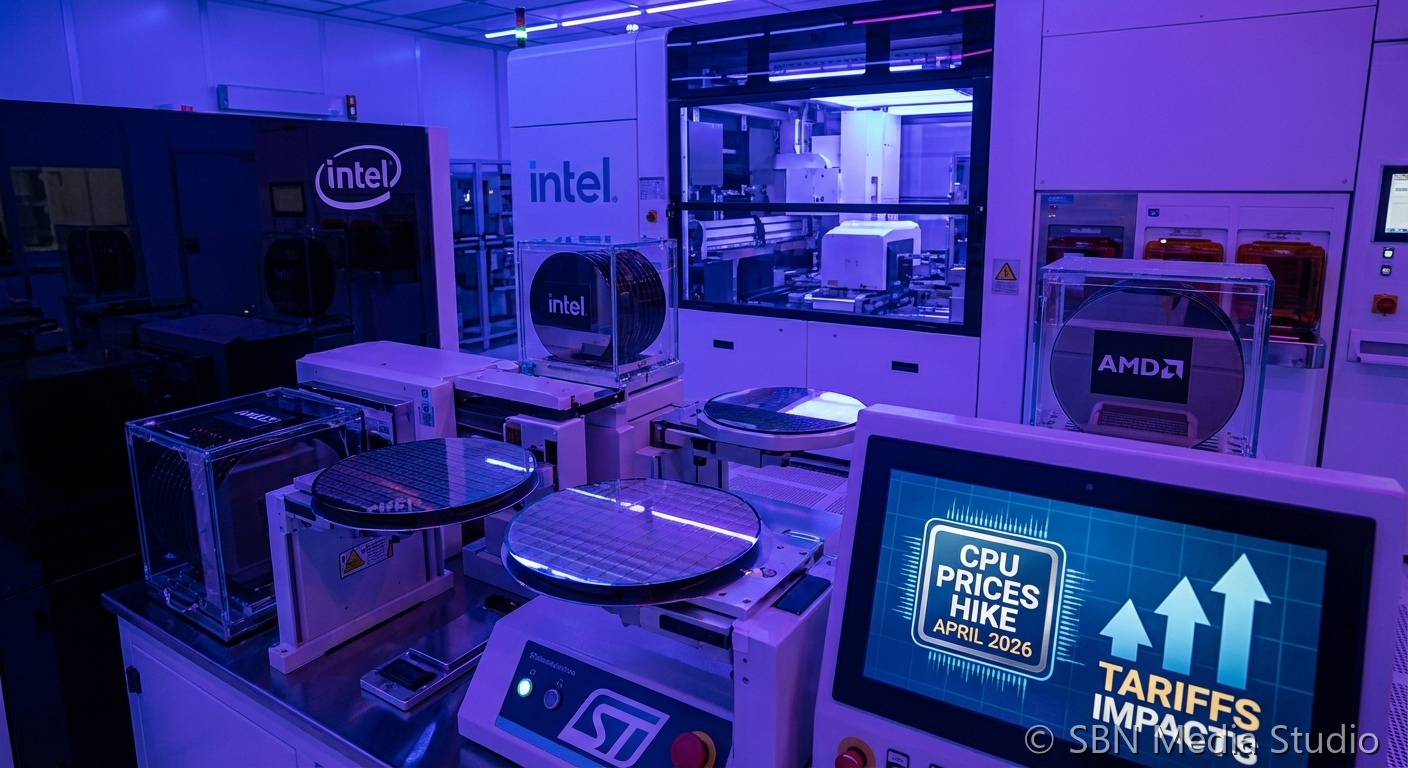 Intel and AMD CPU chips side by side with upward price arrow graphic symbolizing the planned 10-15 percent price increases in April 2026