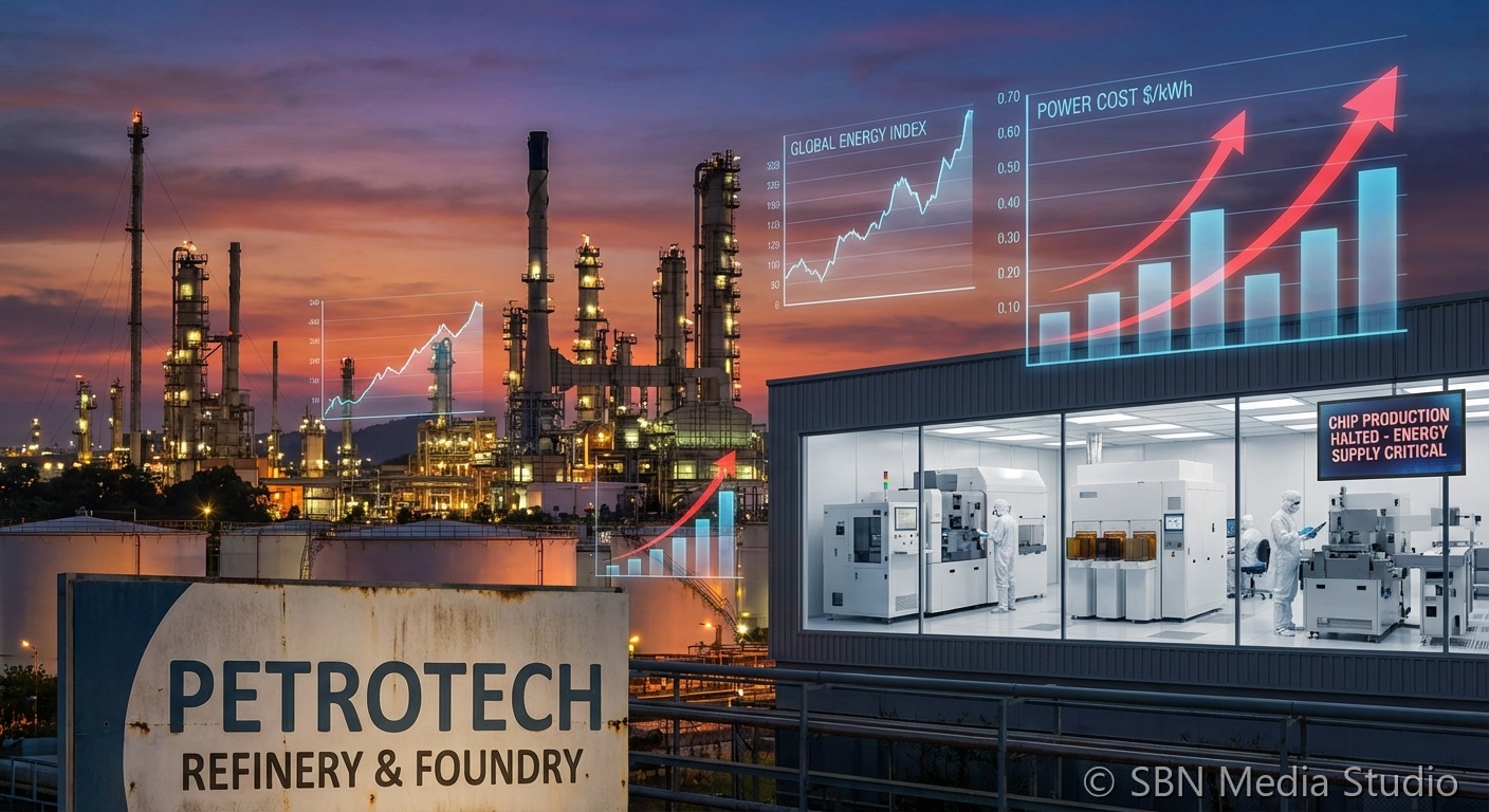 Oil refinery industrial complex at dusk representing surging energy costs impacting semiconductor fabrication