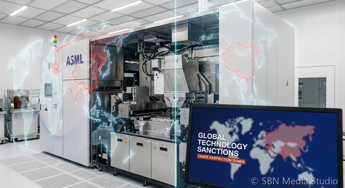 Digital world map with data streams representing global technology sanctions and trade restrictions