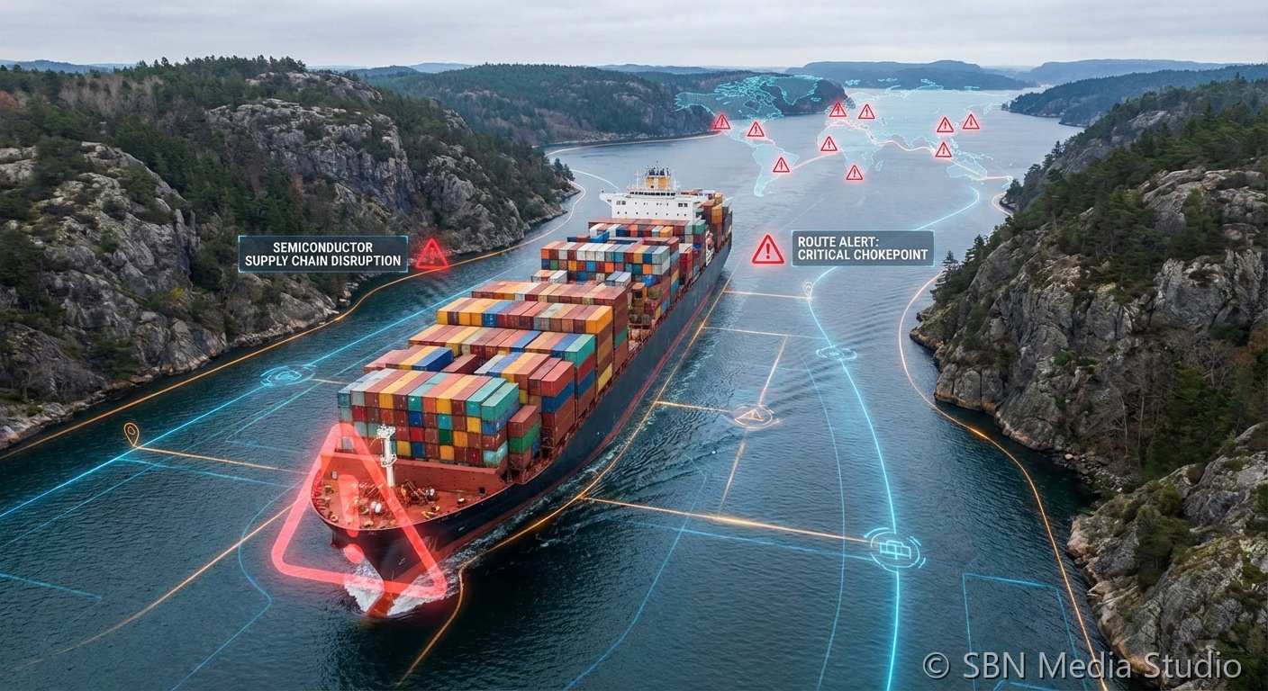 Large container cargo ship at sea representing disrupted semiconductor supply routes through the Strait of Hormuz
