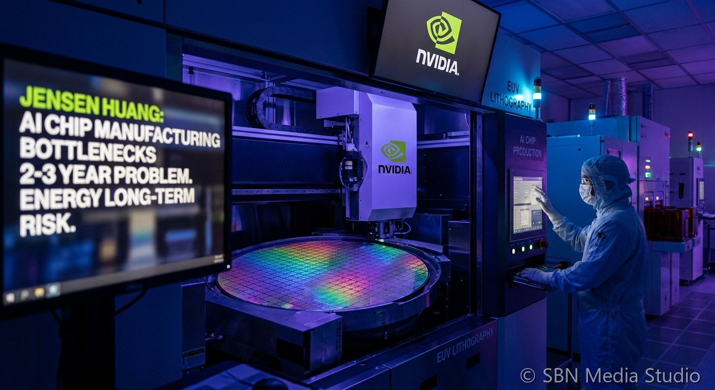 NVIDIA CEO Jensen Huang speaking with AI chip manufacturing diagram and power grid energy infrastructure representing the 2-3 year bottleneck timeline and energy constraint discussion