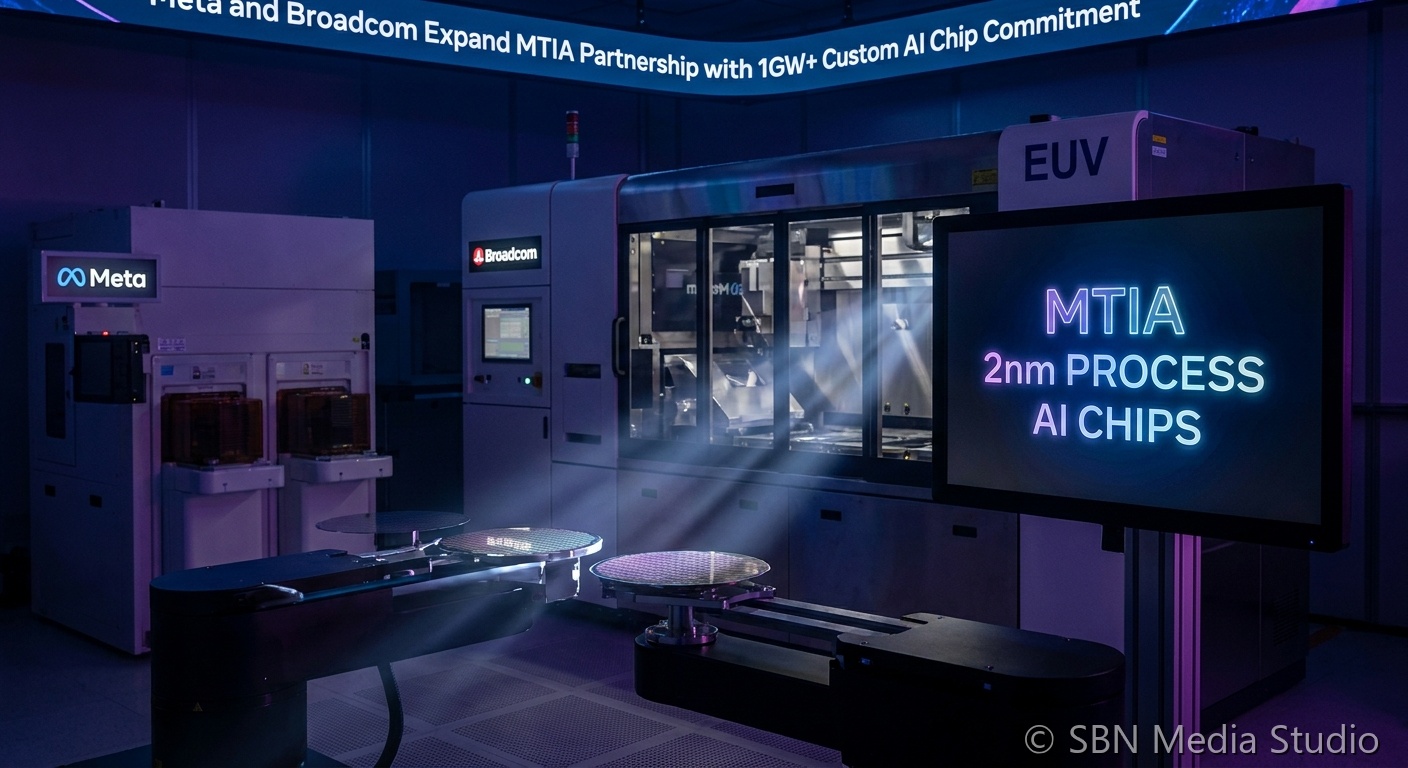 Meta and Broadcom MTIA custom AI accelerator chip co-development concept with 2nm process node wafer and multi-gigawatt data center infrastructure