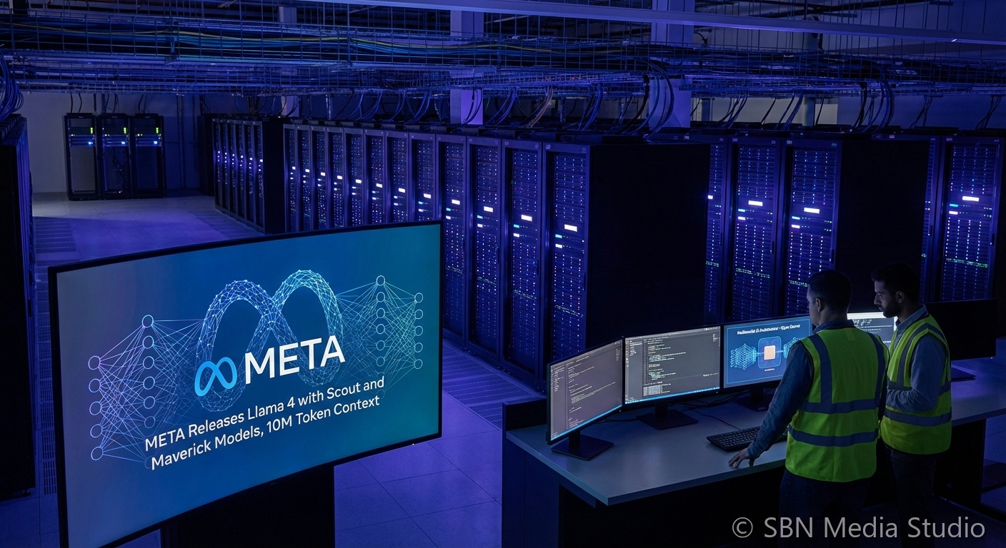 Meta Llama 4 Scout and Maverick multimodal AI models launch graphic with 10 million token context window visualization