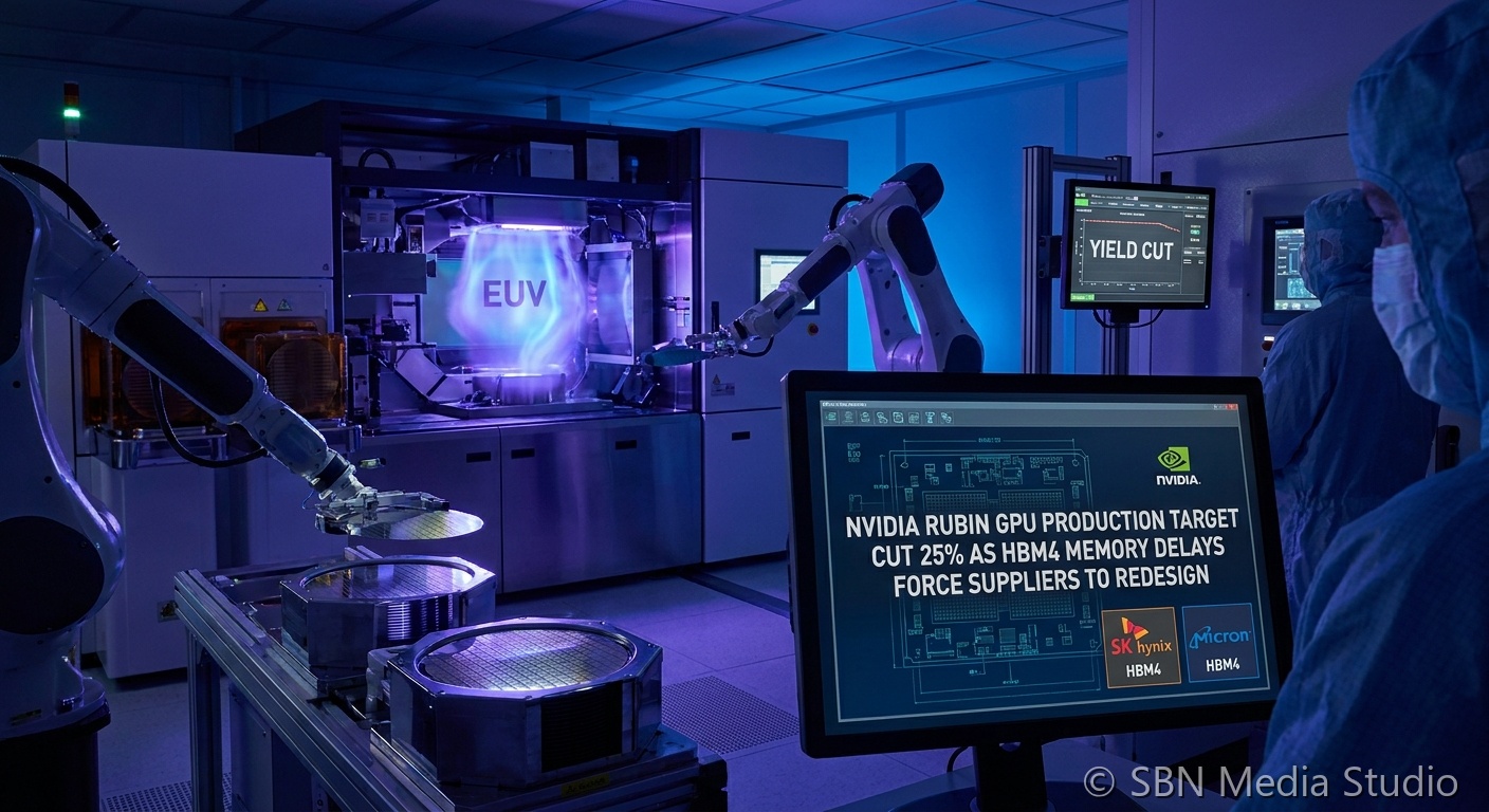 NVIDIA Rubin GPU architecture diagram with HBM4 memory chip and supply chain warning graphic showing production target reduction from 2 million to 1.5 million units