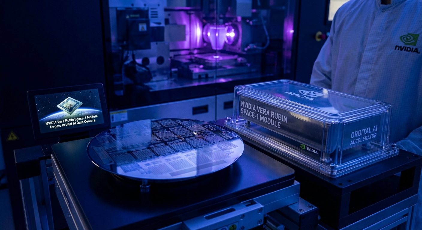 NVIDIA Vera Rubin Space-1 module rendering for orbital AI data centers with satellite platform and GPU compute cluster