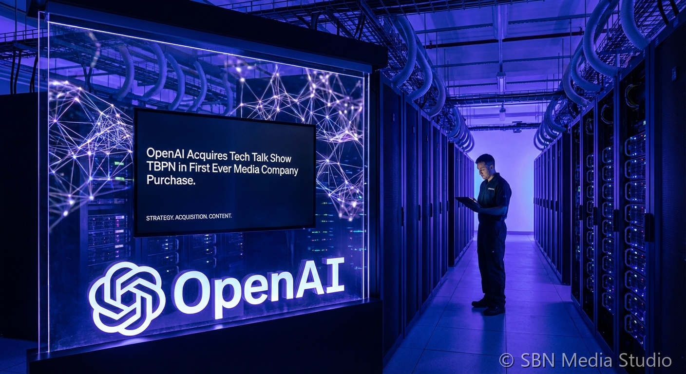 OpenAI logo alongside TBPN talk show studio set representing the first AI company acquisition of a media property