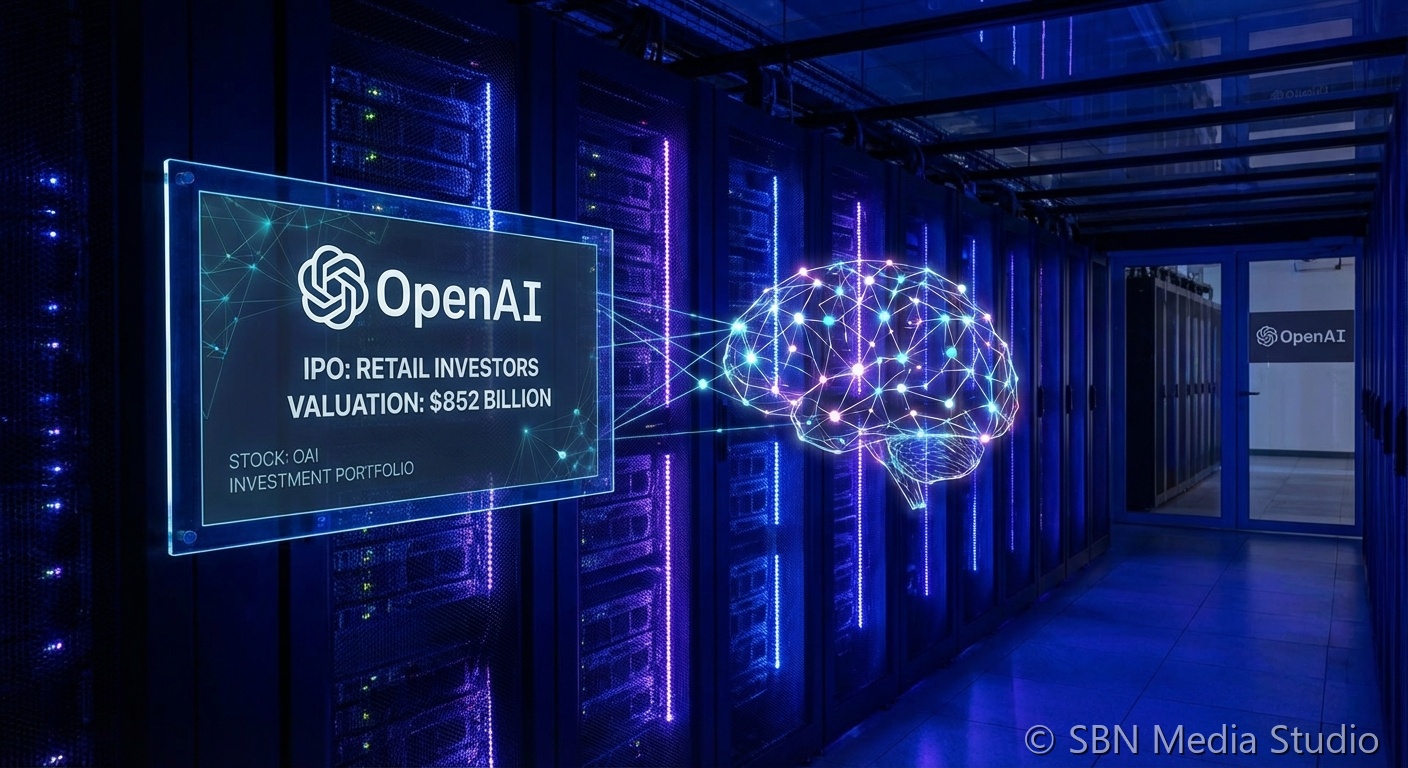 OpenAI logo on a stock market ticker board with IPO documents and retail investor graphic representing the 852 billion dollar valuation