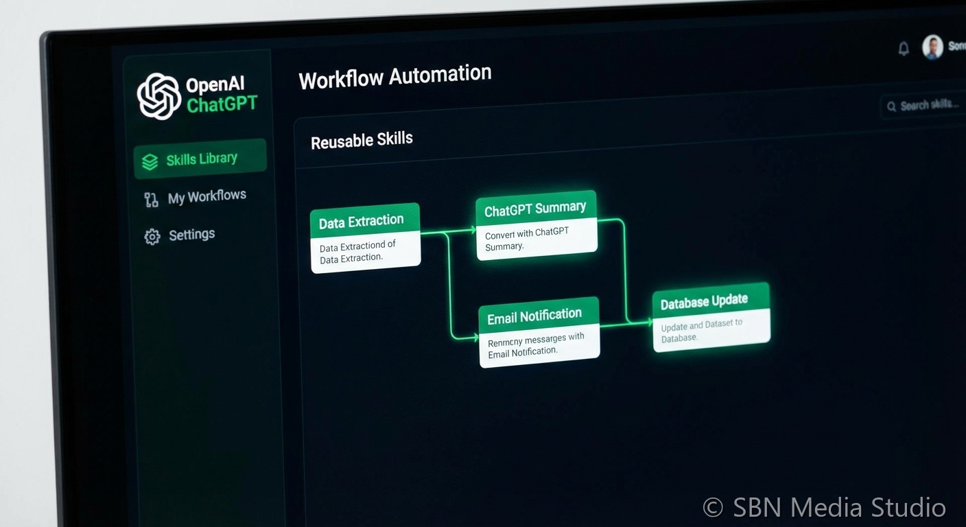 Code and automation workflow visualization representing OpenAI Skills feature