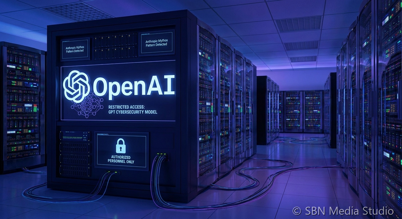 OpenAI GPT cybersecurity model abstract visualization showing restricted access shield with verified security researcher network and vulnerability detection