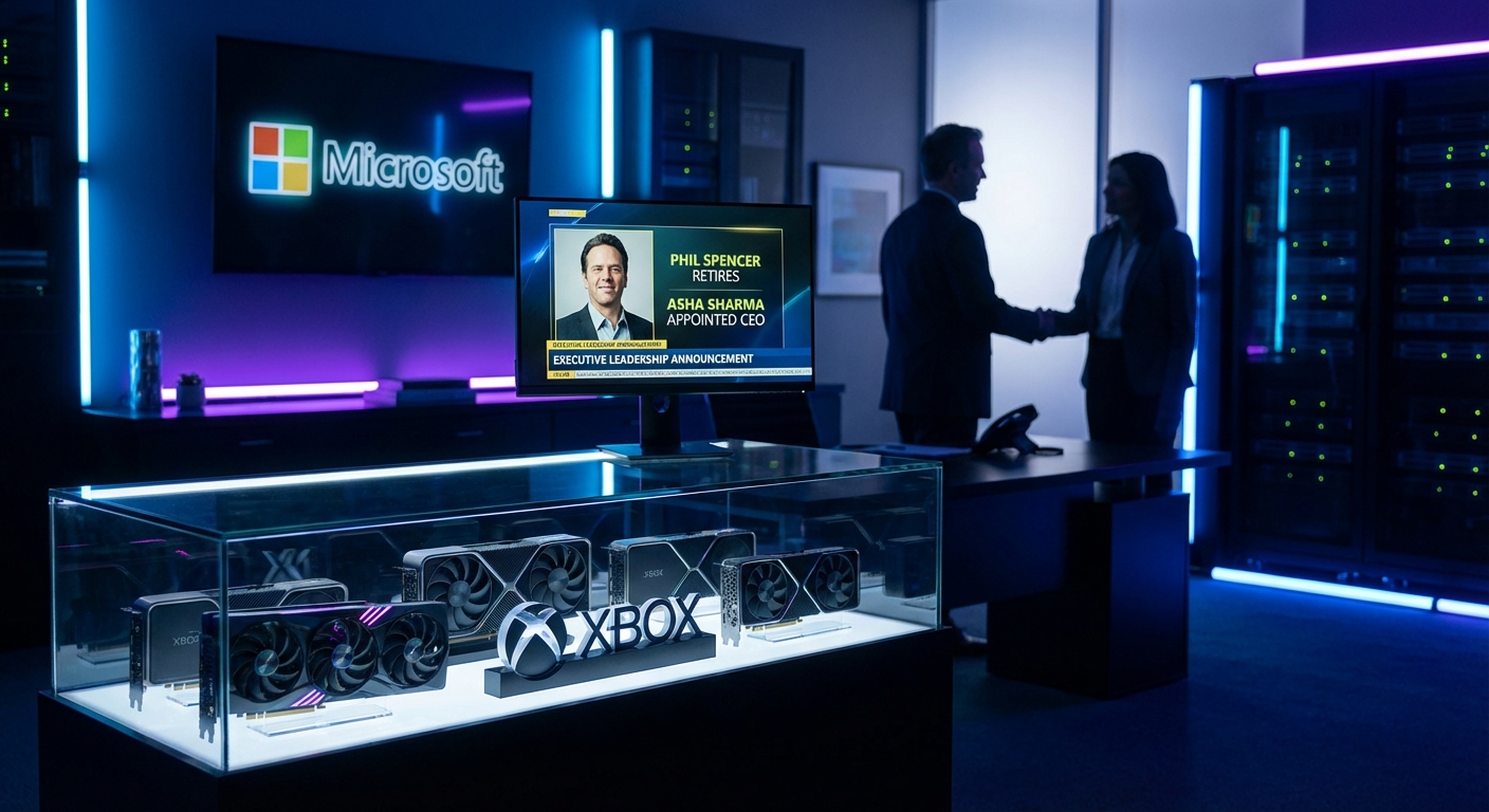 Xbox headquarters with leadership transition graphic representing Phil Spencer's retirement and Asha Sharma's appointment as Microsoft Gaming CEO