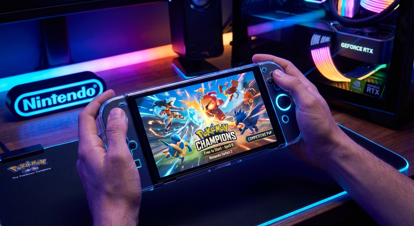 Nintendo Switch 2 console with vibrant competitive monster battle arena interface representing the free-to-start Pokemon Champions PvP game launching April 8 2026
