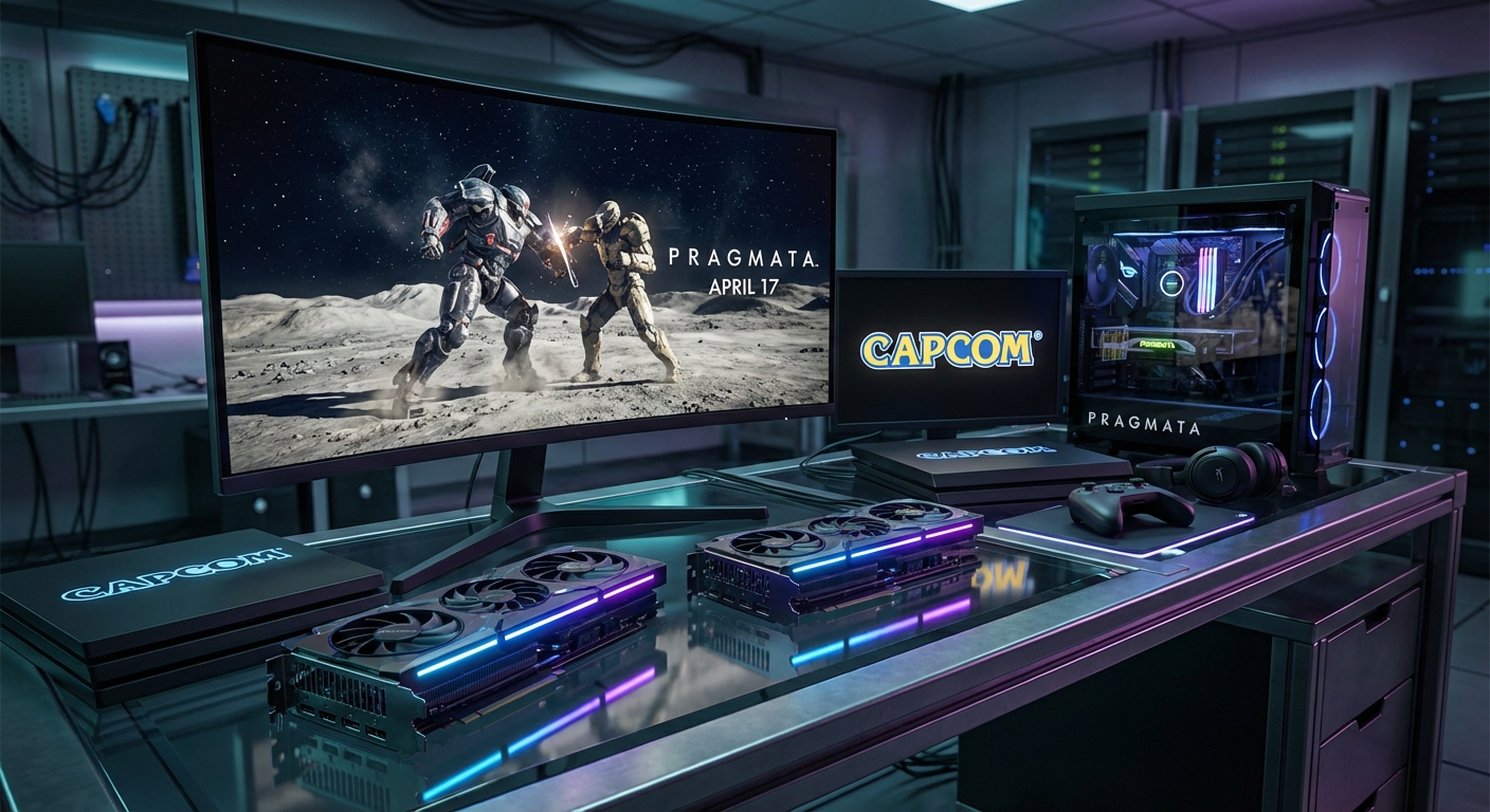 Futuristic lunar research station environment with astronaut protagonist and android companion from Capcom's long-awaited action adventure Pragmata