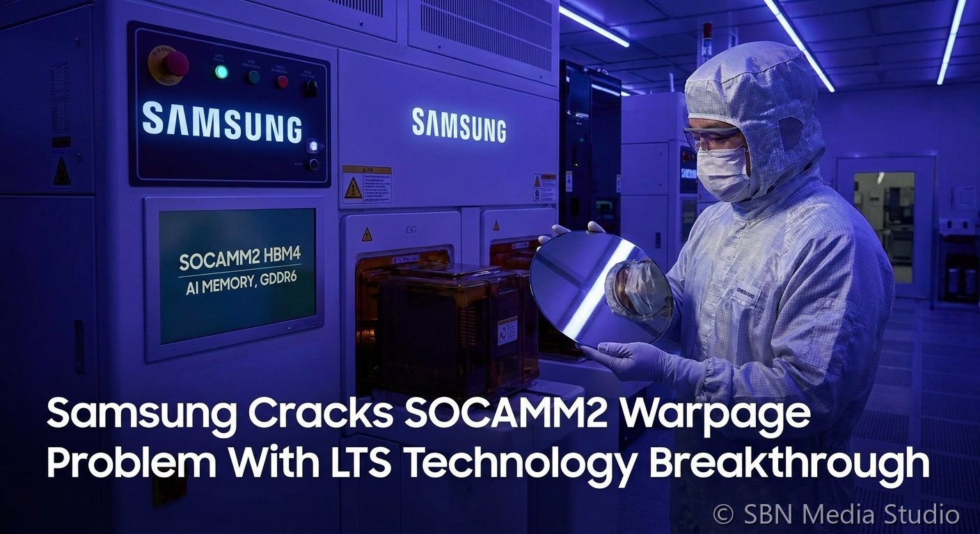 Samsung SOCAMM2 next-generation AI server memory module with low-temperature solder bonding diagram and Tesla Dojo supercomputer data center concept