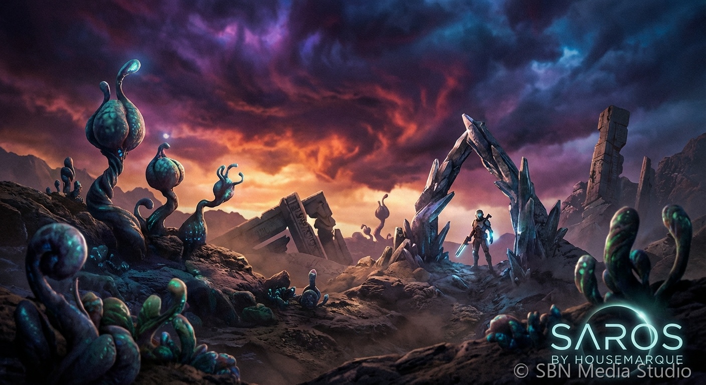 Alien planet landscape with dramatic sky representing Saros