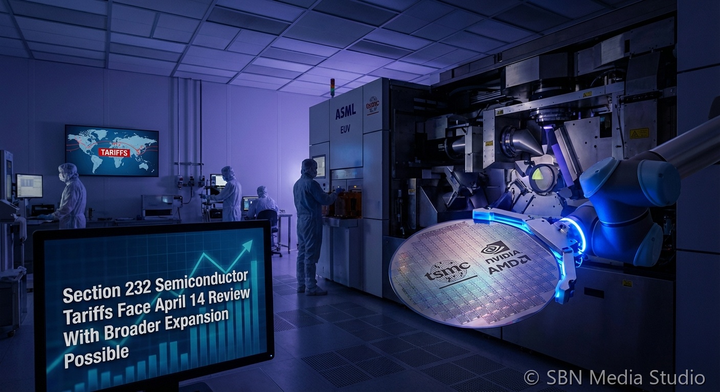 US Capitol building with semiconductor chip tariff documents and calendar marking April 14 deadline for Section 232 review