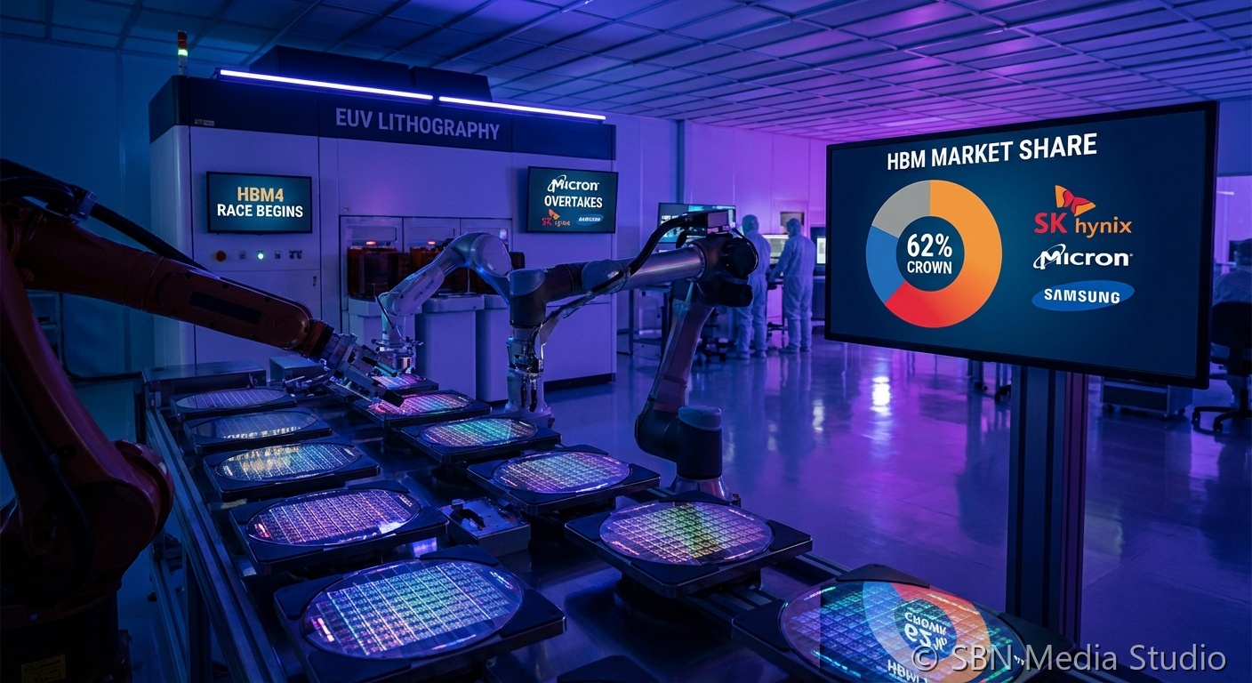 SK Hynix HBM4 memory module alongside Samsung and Micron chip wafers with market share percentage charts representing the shifting competitive landscape