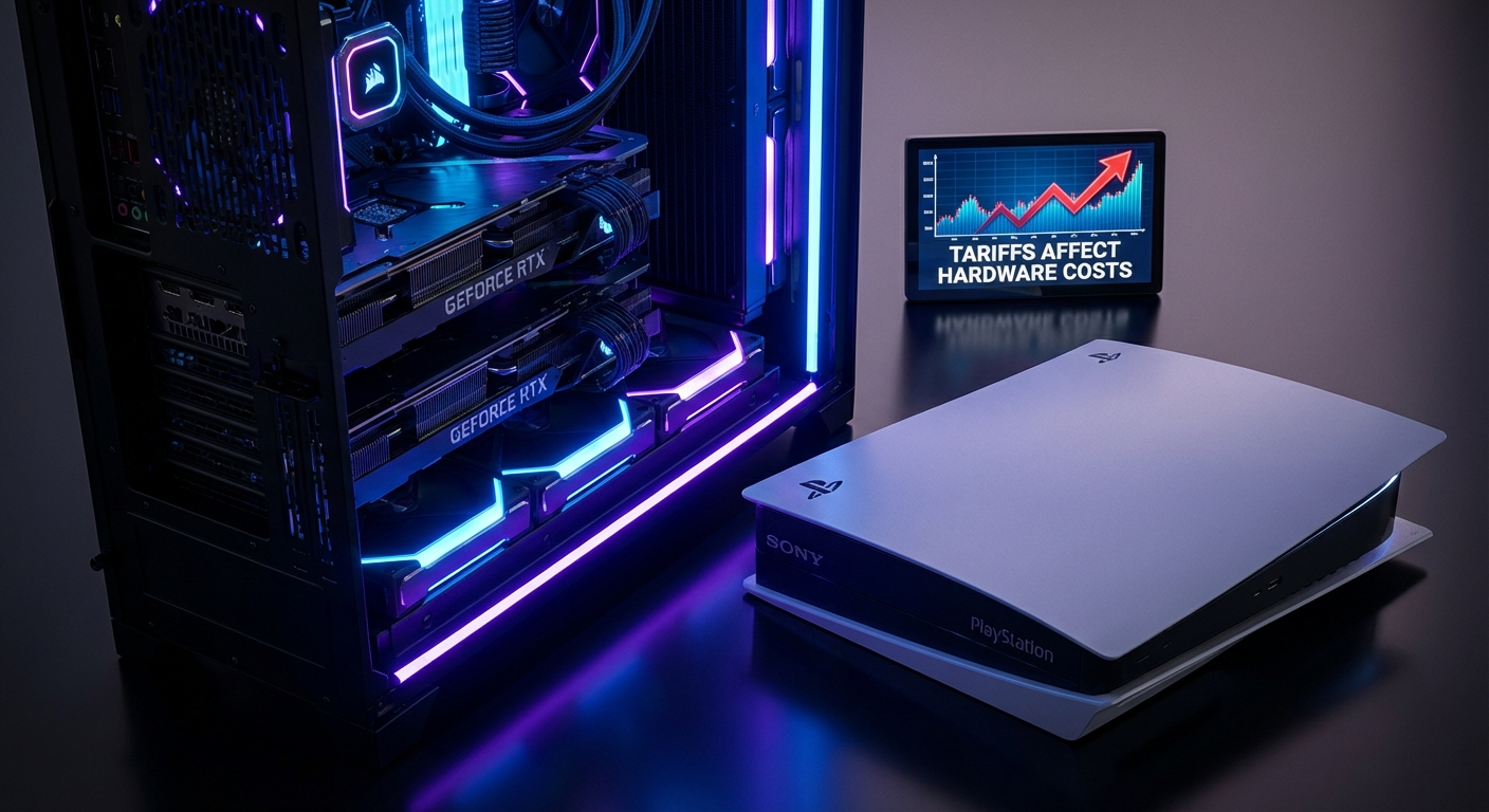 PlayStation 5 console next to rising price tag graphic symbolizing Sony's April 2026 hardware price increases driven by tariffs and DRAM shortage