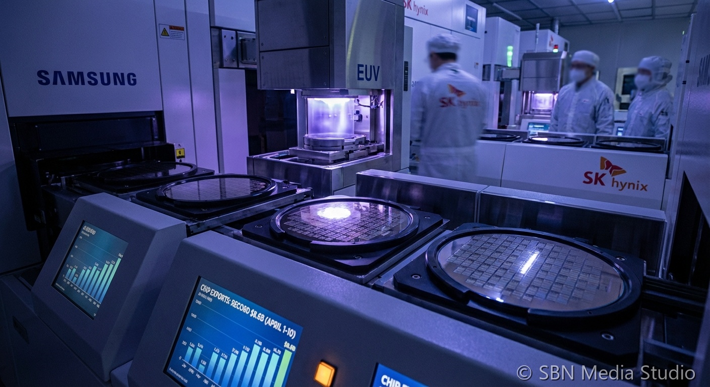 South Korean semiconductor export containers and microchip wafers with data charts representing record chip shipment numbers for April 2026