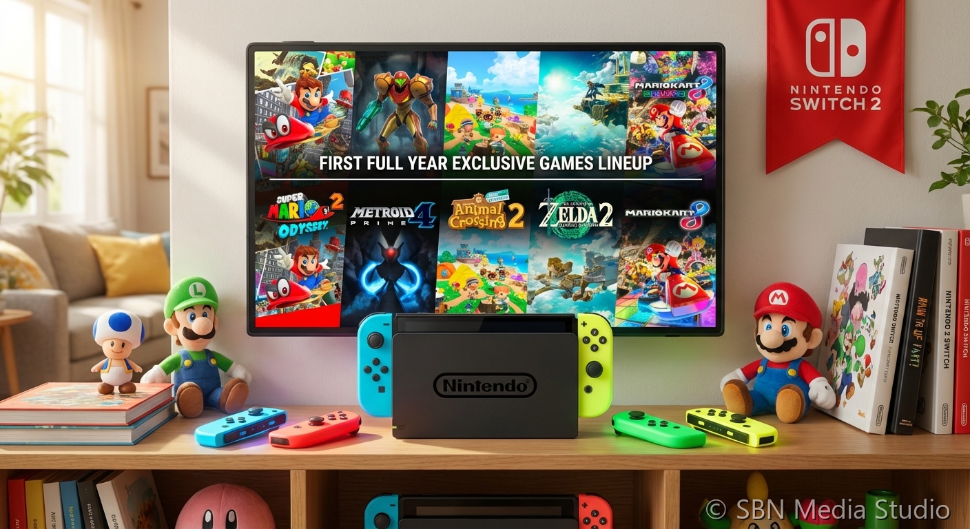 Handheld gaming device in a colorful environment representing Nintendo Switch 2