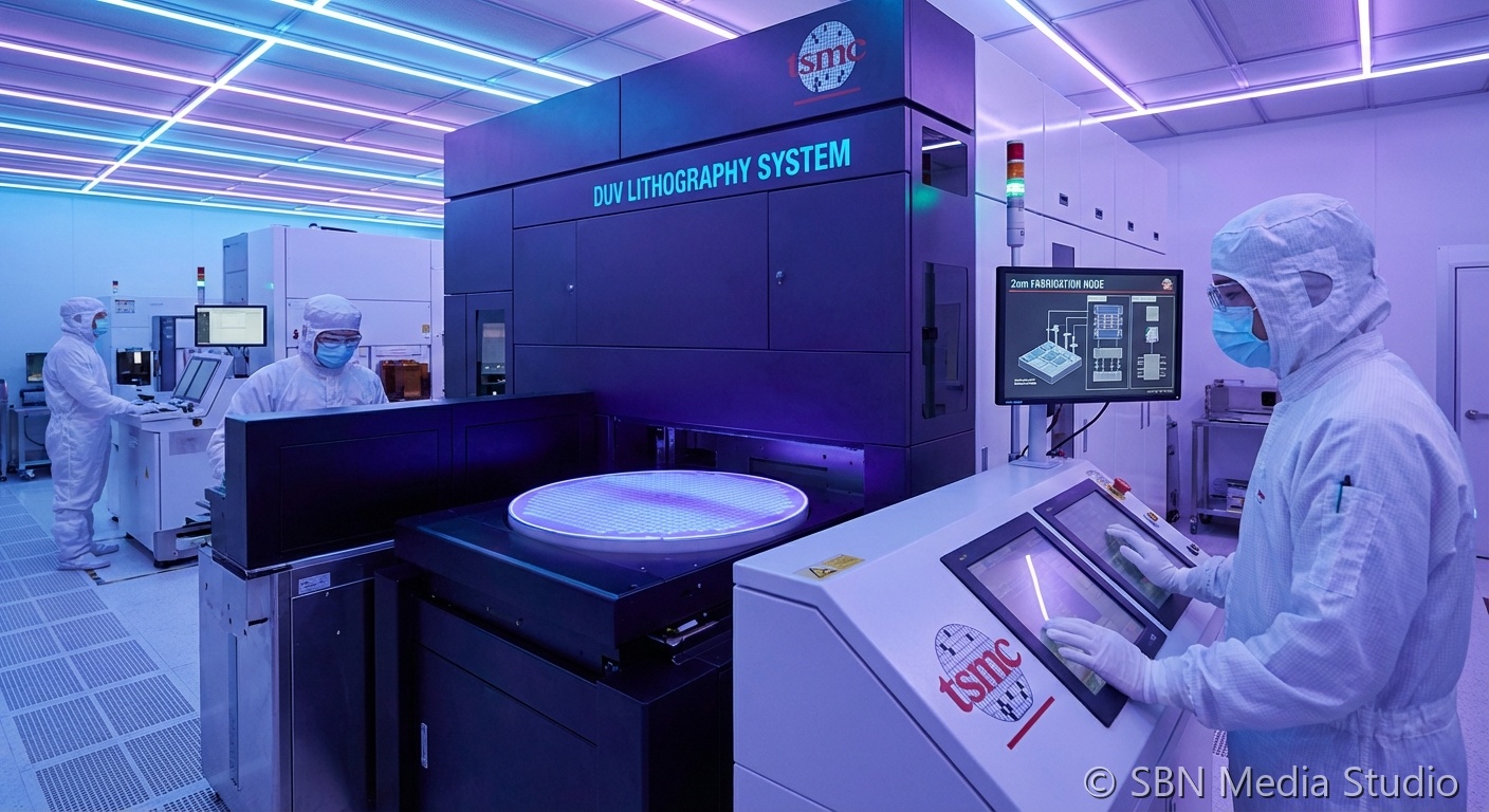 Photorealistic semiconductor wafer under EUV lithography equipment with blue-purple lighting, representing TSMC 2nm chip fabrication