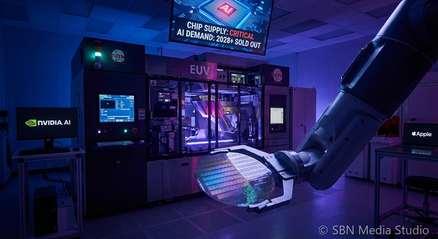 TSMC semiconductor fabrication facility with sold-out booking calendar graphic representing advanced node capacity constraints through 2028