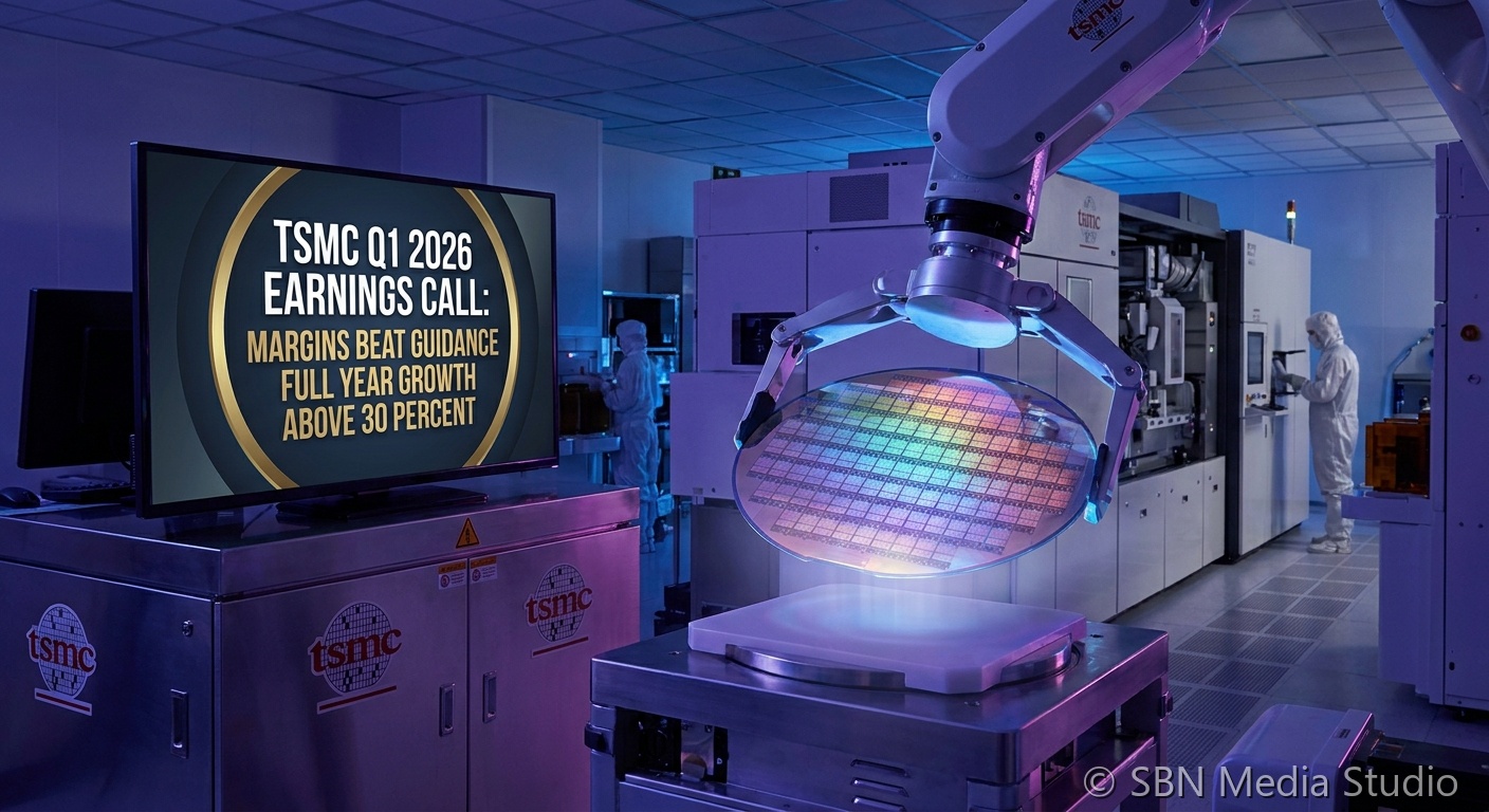 TSMC earnings call data visualization showing gross margin of 66.2 percent and operating margin of 58.1 percent beating guidance ranges for Q1 2026