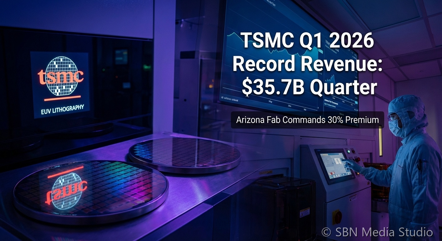 TSMC semiconductor wafer fab with Arizona landscape and revenue chart showing record NT$1 trillion quarterly milestone