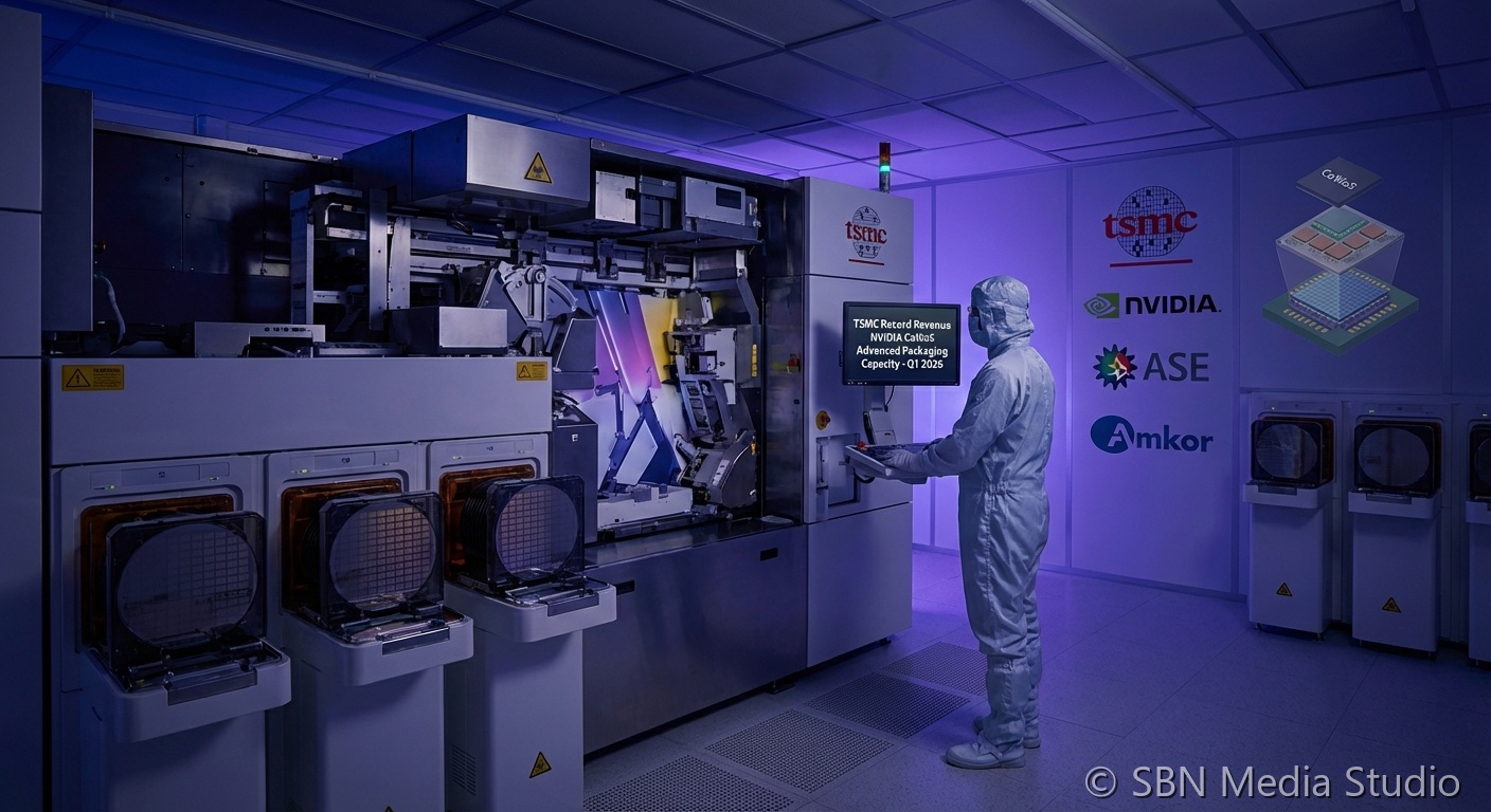 TSMC wafer fabrication cleanroom with NVIDIA Blackwell GPU chip packaging diagram illustrating CoWoS advanced packaging capacity shortage