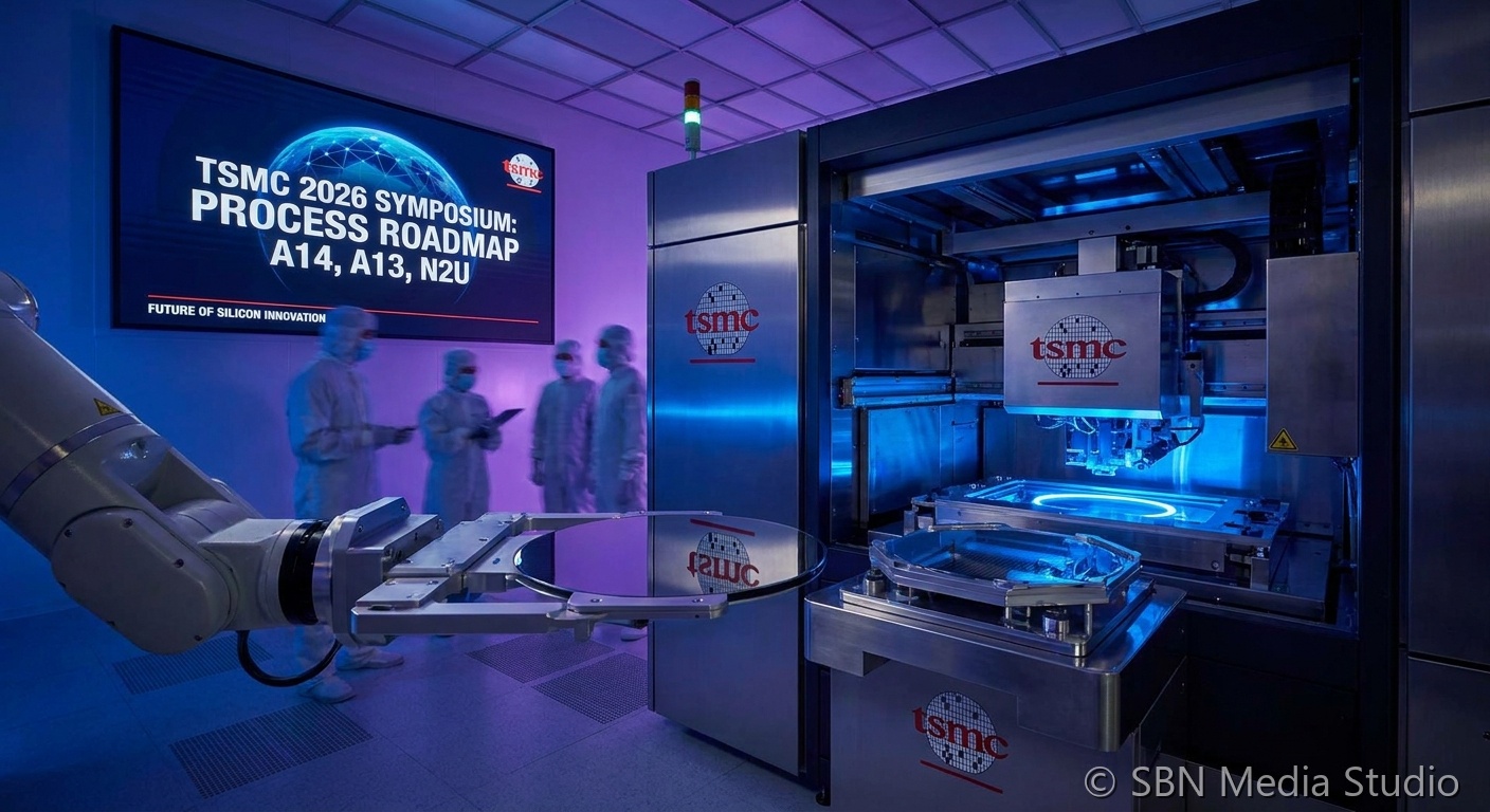 TSMC silicon wafer with A14, A13, and N2U process node labels and EUV lithography backdrop showing the unveiled roadmap from the 2026 Technology Symposium