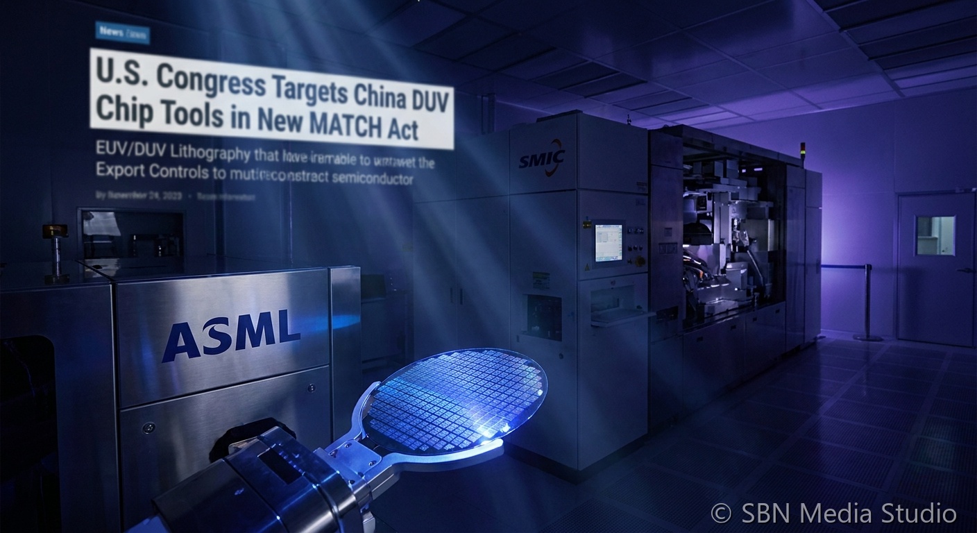 U.S. Capitol building with ASML DUV lithography machine and China semiconductor fab concept representing the MATCH Act bipartisan chip export control legislation