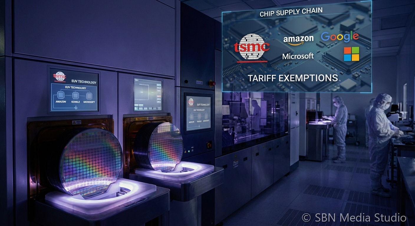 US Capitol building with semiconductor chip and cloud provider logos symbolizing tariff exemption negotiations for Amazon Google and Microsoft